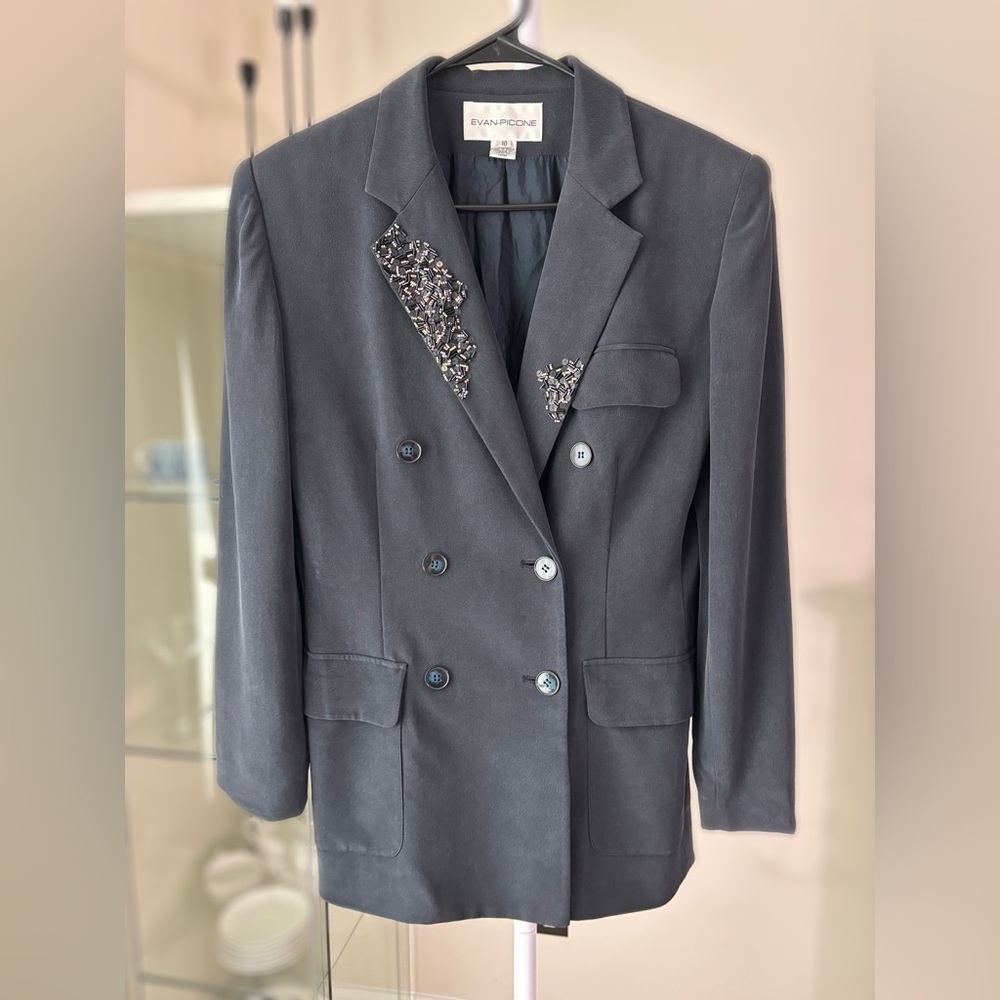 Evan Picone Gray 100% silk Blazer double breasted sz 10 Embroidered